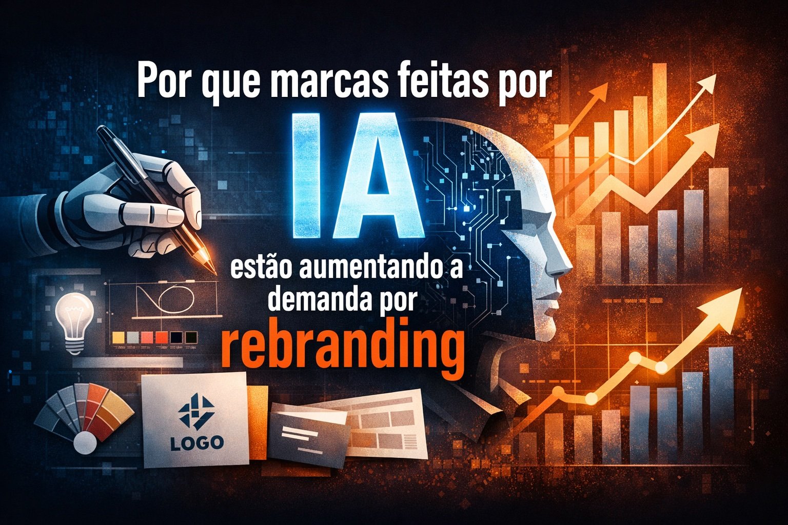 marcas-por-ia-aumentam-demanda-por-rebranding Gráfico e ilustração sobre como a popularização da inteligência artificial aumentou a demanda por rebranding estratégico no Brasil