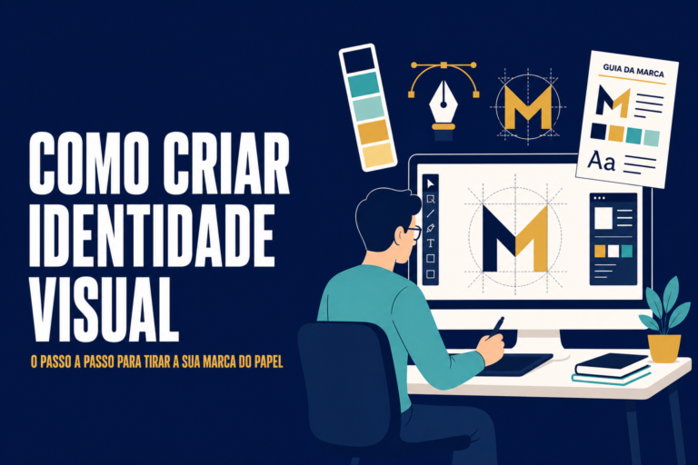 Ilustração vetorial chapada em fundo azul-marinho: designer sentado à mesa esboçando um logotipo na tela, com paleta de cores, caneta digital, formas geométricas e um guia de marca ao redor.
