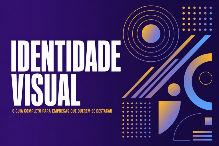Composição vetorial abstrata em fundo roxo escuro com círculos concêntricos, grade de pontos e barras diagonais em gradiente dourado e azul.