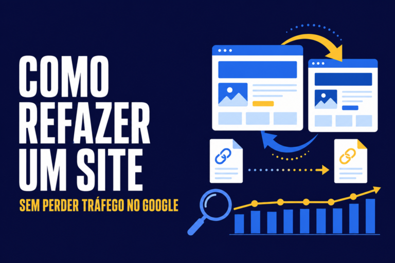 Ilustração vetorial de uma migração de site, com documentos de URLs, setas, lupa e gráfico de tráfego estável sobre fundo azul-marinho.