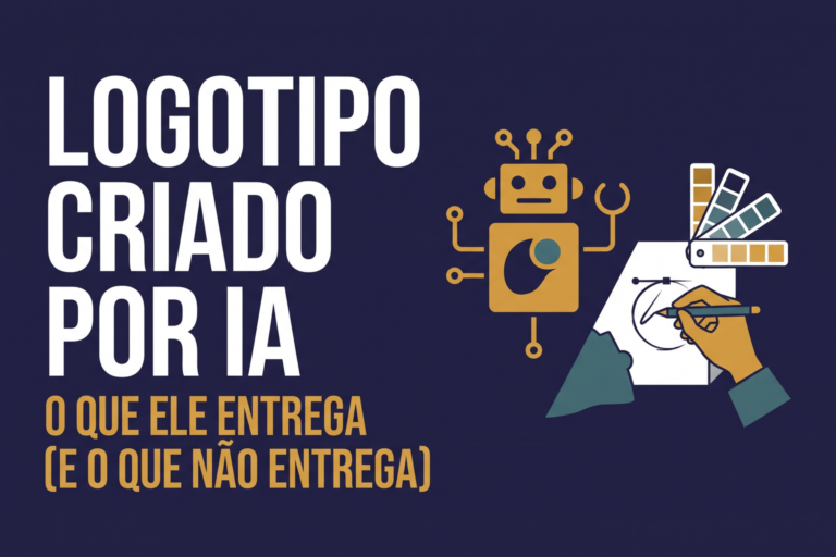 Ilustração vetorial mostrando um símbolo genérico gerado por circuitos de IA de um lado e uma mesa de trabalho de branding com esboços e paleta de cores do outro, sobre fundo azul-marinho escuro, representando a comparação entre logo automático e processo profissional.