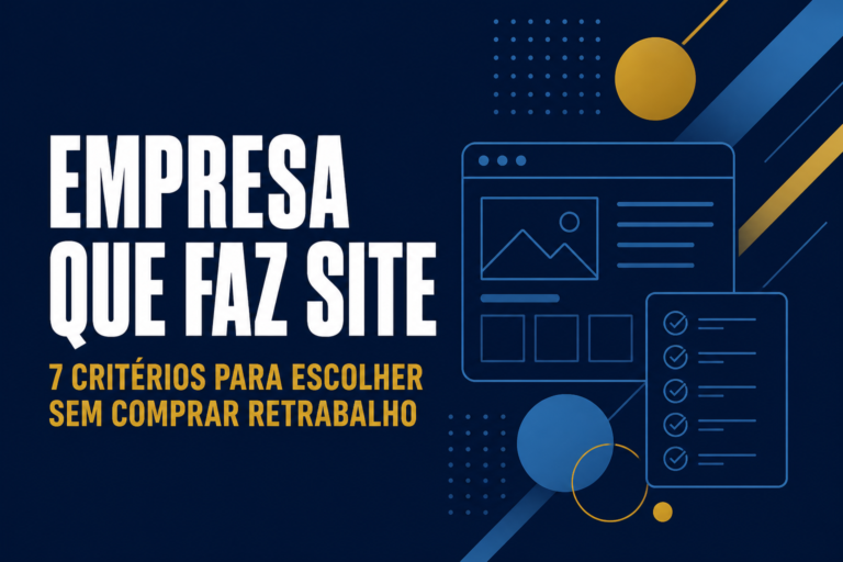 Ilustração vetorial plana sobre fundo azul-marinho com uma janela de navegador em contorno line-art e um checklist de itens marcados, em tons de dourado e azul claro