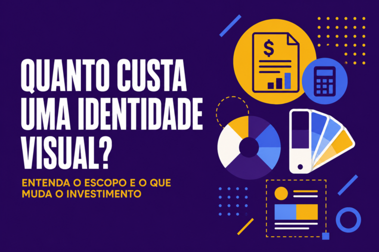 Elementos gráficos de orçamento, paleta de cores e aplicações visuais sobre fundo roxo