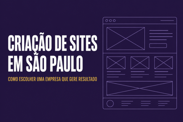 Ilustração vetorial chapada com o título 'Criação de Sites em São Paulo' sobre fundo roxo e um navegador em line art