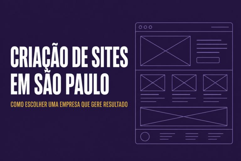 Ilustração vetorial chapada com o título 'Criação de Sites em São Paulo' sobre fundo roxo e um navegador em line art