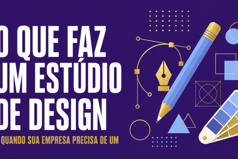 Ferramentas de design em ilustração vetorial sobre fundo roxo escuro, acompanhando artigo sobre o que faz um estúdio de design.