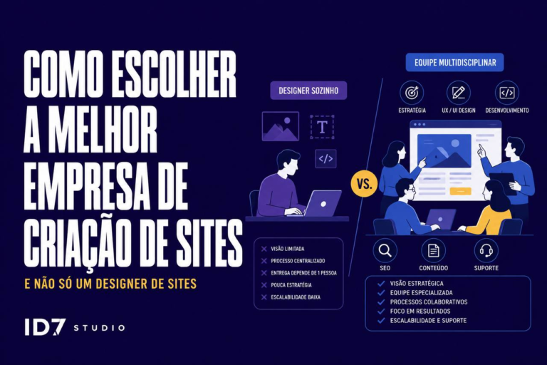 Ilustração vetorial mostrando comparação entre um designer trabalhando sozinho em um notebook e uma equipe multidisciplinar colaborando em torno de um projeto de site, simbolizando a diferença entre contratar um profissional avulso e uma empresa completa