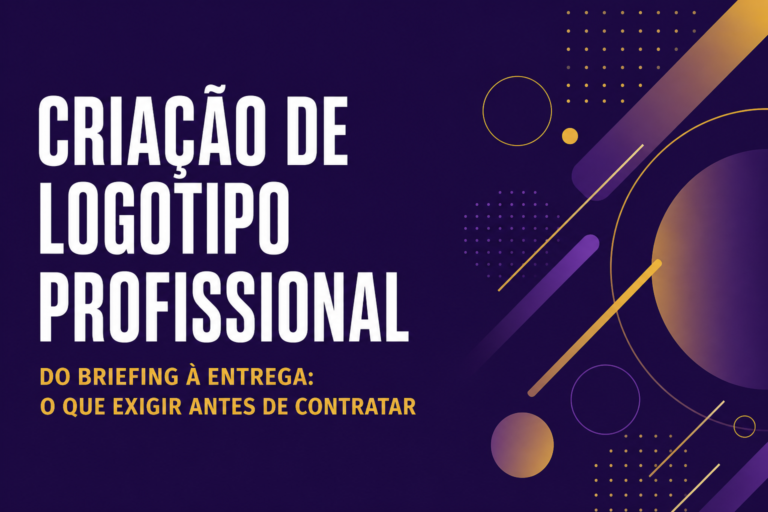 Capa vetorial com fundo roxo escuro e formas geométricas em dourado representando etapas de um processo de criação de marca