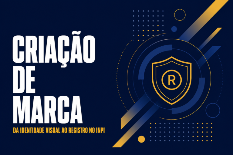 Capa com o texto 'CRIAÇÃO DE MARCA: DA IDENTIDADE VISUAL AO REGISTRO NO INPI' sobre fundo azul-marinho, com um escudo dourado contendo o símbolo de marca registrada, cercado por círculos concêntricos, grade de pontos e barras diagonais em degradê
