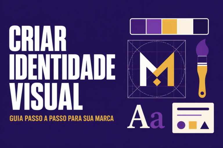 Ilustração vetorial plana de um kit de manual de marca: paleta de cores, símbolo geométrico dentro de uma grade de construção, pincel e letras tipográficas sobre fundo roxo.
