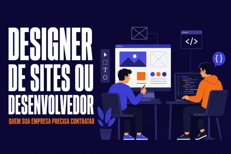 Ilustração vetorial plana dividindo a tela entre um profissional de design ajustando um layout e um profissional de programação escrevendo código, sobre fundo roxo escuro.