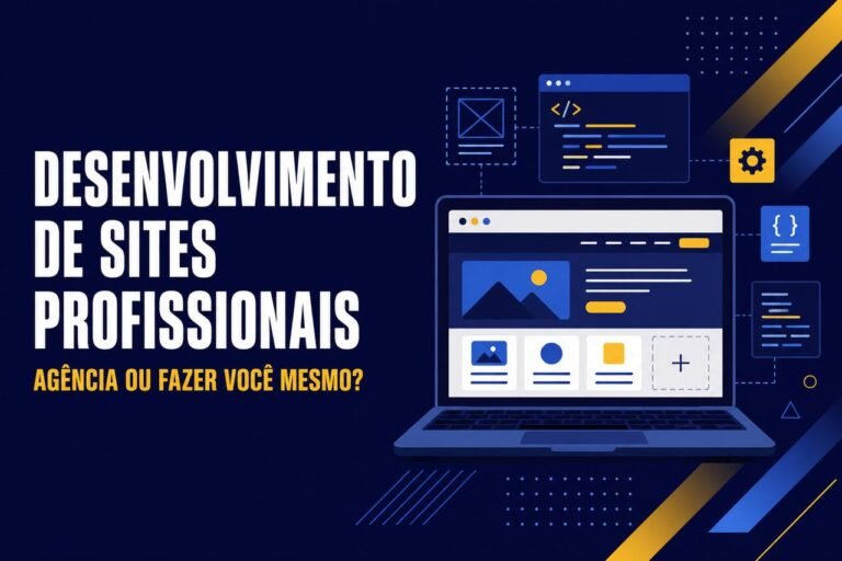 Ilustração vetorial de um site sendo construído em um laptop, com blocos de código e elementos gráficos flutuando, sobre fundo azul-marinho escuro.
