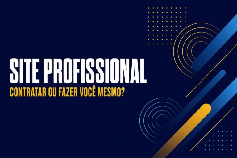 Ilustração vetorial em fundo azul-marinho escuro mostrando uma balança comparando um notebook com ferramenta de montagem de site de um lado e uma equipe de profissionais trabalhando em um projeto de site do outro lado, simbolizando a decisão entre fazer sozinho e contratar uma agência