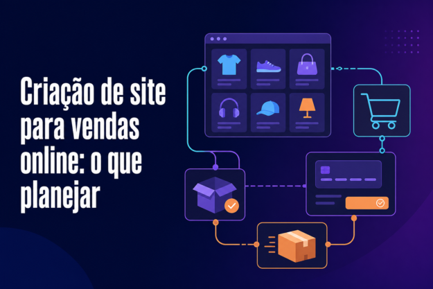 Ilustração vetorial de uma loja virtual conectando catálogo, pagamento, estoque e entrega